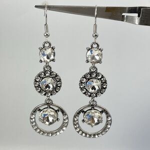 Silver Tone Boho Dangle Earrings White Glass Halo Round Rhinestones Bling